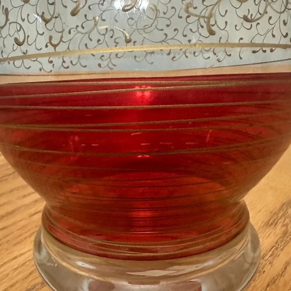 Glass Pier 1 Hand Painted Pillar Candle Holder Vase Red Gold 10.5” Tall